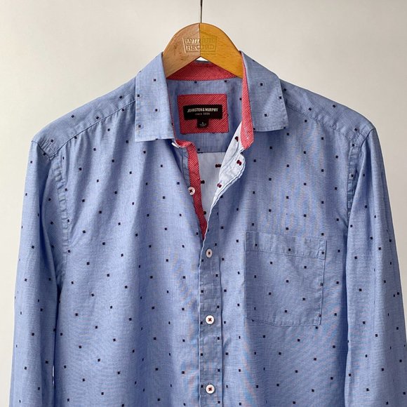 Men's Johnston & Murphy Long Sleeve Button Front Shirt Blue/Red Details, Size L - Picture 2 of 10